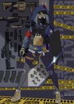  1girl absurdres ak-105 boots caution_tape commentary_request explosive gas_mask grenade highres hood looking_at_viewer magazine_(weapon) mask original overlord_m shield short_hair tachi-e tactical_clothes weapon white_hair 