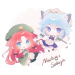  2girls absurdres animal_ear_fluff animal_ears apron black_bow black_ribbon black_shoes blue_dress blue_eyes bow braid character_name chibi collared_shirt commentary_request dress frilled_apron frilled_skirt frills full_body green_bow green_eyes green_hat green_ribbon green_skirt green_vest grey_hair hair_bow hand_up hat highres holding holding_tray hong_meiling izayoi_sakuya long_hair long_sleeves looking_at_viewer maid_headdress misakiii multiple_girls neck_ribbon open_mouth outstretched_arm pants puffy_long_sleeves puffy_short_sleeves puffy_sleeves red_hair ribbon shirt shoes short_hair short_sleeves simple_background skirt sleeveless sleeveless_dress touhou tray twin_braids vest waist_apron white_apron white_background white_headdress white_pants white_shirt 