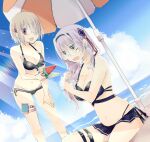  2girls beach beach_umbrella bikini black_bikini breasts brown_hair food fruit glasses green_eyes hair_ornament hairpin heaven_burns_red highres izumi_yuki_(heaven_burns_red) kayamori_ruka large_breasts long_hair medium_breasts multiple_girls popsicle red_eyes short_hair swimsuit thigh_strap umbrella uyuki_(ouun) watermelon watermelon_bar watermelon_slice 