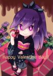  1girl black_kimono box commentary_request english_text happy_valentine heart-shaped_box highres holding holding_box hyakkihime japanese_clothes kimono long_hair looking_at_viewer purple_eyes purple_hair sandals solo user_nfmx7434 youkai_(youkai_watch) youkai_watch 