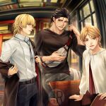  1girl 2boys alternate_costume alternate_hairstyle artist_logo badeni belt black_hair black_pants blonde_hair bolo_tie braid braided_ponytail brown_belt brown_coat brown_eyes brown_hair chi.:_chikyuu_no_undou_ni_tsuite coat commentary_request contemporary crossbody_bag denim fanny_pack highres indoors iorbtyn jeans jewelry jolenta logo looking_at_another medium_hair multiple_boys necklace oczy pants ponytail scar scar_on_face scar_on_mouth scar_on_nose shirt shirt_tucked_in standing table undressing white_shirt 