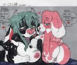 anthro anus areola beagle big_breasts bodily_fluids bovid bovine breast_play breasts butt canid canine canis cattle collar cowbell dialogue domestic_dog drawing duo eyebrow_piercing facial_piercing female female/female floppy_ears genital_fluids genitals green_eyes green_hair hair heart_symbol hi_res holstein_friesian_cattle hot_dogging hunting_dog looking_at_viewer looking_down looking_down_at_genitalia looking_down_at_penis mammal mootsncompany name_in_dialogue nipple_piercing nipples nose_piercing nose_ring penis piercing precum purple_eyes ring_piercing scent_hound seductive septum_piercing septum_ring sex side_boob simple_background sketch speech_bubble tail titfuck tongue tongue_out traditional_media_(artwork) vaginal vulva