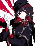  1girl black_capelet black_hair black_hat black_jacket blunt_bangs braid capelet closed_mouth commentary_request earrings glove_pull haishin_shoujo_no_uraaka_meikyuu hat highres jacket jewelry long_hair long_sleeves looking_at_viewer mahou_shoujo_no_majo_saiban nikaido_hiro official_alternate_costume official_alternate_hairstyle peaked_cap red_eyes solo twin_braids upper_body waipiiy 
