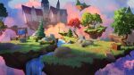  blue_sky box bucket building church cloud commentary english_commentary floating_island gradient_sky grass landscape painterly pink_sky red_leaf river rock scenery sky spyro_(series) sylvain_sarrailh tree water waterfall web_address well 