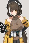  1girl absurdres bare_shoulders beret black_gloves black_hat black_skirt breasts brown_hair brown_sweater closed_mouth collarbone commentary cowboy_shot fuyutuji girls'_frontline girls'_frontline_2:_exilium gloves grey_background hat heterochromia highres holding holding_megaphone jacket large_breasts long_hair looking_at_viewer megaphone multicolored_hair off-shoulder_jacket off_shoulder open_clothes open_jacket partially_fingerless_gloves pleated_skirt red_eyes ro635_(girls'_frontline) robella_(girls'_frontline_2) simple_background skirt sleeveless sleeveless_sweater solo streaked_hair sweater turtleneck turtleneck_sweater two-tone_hair white_hair yellow_eyes yellow_jacket 