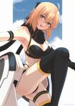  1girl absurdres ahoge bangs bare_shoulders bikini black_bikini black_bow black_gloves black_legwear black_scarf blonde_hair blue_sky border bow breasts cleavage elbow_gloves fate/grand_order fate_(series) gloves hair_bow half_updo highleg highleg_bikini highres huge_filesize jetpack knee_up large_breasts looking_at_viewer lucyan multi-strapped_bikini okita_souji_(fate)_(all) okita_souji_(swimsuit_assassin)_(fate) open_mouth scarf short_hair single_glove sky smile solo swimsuit thigh_strap thighhighs thighs white_border wristband yellow_eyes 