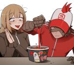  1boy 1girl baseball_cap breasts brown_hair catherine_(project_moon) center-flap_bangs constricted_pupils dark-skinned_male dark_skin drooling food fork hat heathcliff_(project_moon) heishou_pack-you_branch_(identity)_(project_moon) highres holding holding_fork hot_sauce instant_cup_noodles instant_noodles large_breasts limbus_company long_hair messy_hair misg1111 own_hands_together print_hat project_moon raised_eyebrows red_track_suit tongue tongue_out track_suit zipper zipper_pull_tab 