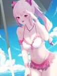  1girl :3 :d absurdres arm_garter assault_lily bare_arms bare_shoulders beach_umbrella bead_necklace beads bikini bikini_skirt blue_sky blush breasts cleavage cloud commentary_request cumulonimbus_cloud day dutch_angle endou_araya frilled_bikini frilled_wrist_cuffs frills hairpods halterneck hand_on_own_thigh hand_up heart heart_necklace highleg highleg_bikini highres horizon jewelry kaswen leaning_forward long_hair looking_at_viewer medium_breasts multicolored_bikini navel necklace ocean official_alternate_costume official_alternate_hairstyle open_mouth outdoors pink_bikini pink_eyes pink_hair ponytail shading_eyes sky smile solo stomach swimsuit two-tone_bikini umbrella wet white_bikini wrist_cuffs 