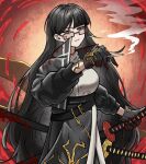  artist_name belt black_hair blood blood_on_clothes blood_on_weapon breasts cigarette commentary contempt_awe_(e.g.o) e.g.o_(project_moon) english_commentary glasses highres holding holding_cigarette large_breasts limbus_company long_hair mitama_nyan open_mouth project_moon red_background red_eyes ryoshu_(project_moon) sheath sheathed smoke sword twitter_username very_long_hair weapon 