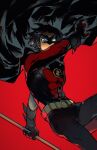  1boy absurdres belt black_bodysuit black_cape black_gloves black_mask blue_eyes bodysuit cape cowboy_shot dc_comics domino_mask eye_mask floating_cape gloves hashtag-only_commentary highres male_focus mask multicolored_bodysuit parted_bangs red_background red_bodysuit short_hair solo superhero_costume tim_drake tongshengzhan_tutourou two-tone_bodysuit utility_belt 