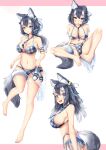  1girl absurdres alternate_hairstyle animal_ears barefoot bikini black_hair blue_eyes blush breasts cleavage closed_mouth commentary_request cowboy_shot drooling ear_down eyebrows_visible_through_hair fang footwear_removed full_body furrowed_brow grey_wolf_(kemono_friends) hair_between_eyes heterochromia highres holding holding_clothes holding_footwear kemono_friends knees_apart_feet_together large_breasts legs letterboxed long_hair looking_at_viewer multicolored_hair multiple_views navel necktie open_mouth orange_eyes plaid plaid_bikini plaid_neckwear plaid_swimsuit sideboob simple_background sitting spread_legs stomach swimsuit tail toenails toes two-tone_hair white_background white_hair wolf_ears wolf_girl wolf_tail yeo_arin 