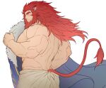 1boy bara beard blue_cape blush caineghis_(fire_emblem) cape facial_hair fire_emblem fire_emblem:_path_of_radiance ina_zuma large_pectorals lion_boy long_hair male_focus mature_male muscular muscular_male naked_towel pectorals red_hair solo tail_raised towel white_background 