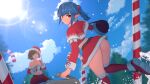  2girls absurdres anna_anon ass belt black_belt blue_hair blue_sky blurry brown_eyes brown_hair candy candy_cane christmas cloud commentary day depth_of_field detached_sleeves dutch_angle ela_amano_(anna_anon) elf english_commentary feet_out_of_frame food from_behind hat highres holding holding_sack holding_unworn_clothes holding_unworn_hat looking_at_another looking_at_viewer looking_back miniskirt multiple_girls original outdoors panties panty_peek pointy_ears red_hat red_shoes red_skirt red_sleeves red_thighhighs sack sana_(anna_anon) santa_costume santa_hat shoes short_hair skirt sky smile solo_focus standing sun sunlight thighhighs underwear unworn_hat unworn_headwear white_panties 