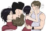  1boy 1girl ada_wong arms_around_waist bare_arms bare_shoulders black_hair black_nails breasts brown_hair commentary couple dress english_text hair_between_eyes hand_on_another's_cheek hand_on_another's_face hetero highres kiss leon_s._kennedy looking_at_viewer medium_breasts nail_polish parted_bangs parted_lips red_dress resident_evil rikky_yn short_hair sleeveless sleeveless_dress speech_bubble tank_top thought_bubble toned toned_male turtleneck turtleneck_dress twitter_username untranslatable_commentary upper_body watch white_background white_tank_top wristwatch 