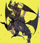  2boys arthropod_boy bara bat_wings bulge character_request cleavage_cutout clothing_cutout demon_wings dlybsceombqgqud highres horns male_cleavage male_focus monster_boy multiple_boys muscular muscular_male pectorals sexually_suggestive thighs tokyo_houkago_summoners wings yaoi yellow_background 