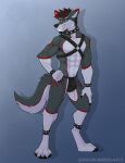 2019 4_toes 5_fingers abs ankle_cuffs anthro arm_markings artist_name biceps biped black_claws black_hair black_nose black_pawpads bondage_gear bulge canid canine canis cheek_tuft chest_harness chin_tuft claws clothing collar cuff_(restraint) cuffs_(clothing) detailed_bulge digitigrade dipstick_ears ear_markings facial_hair facial_tuft feet finger_claws fingers fluffy fluffy_tail fur fur_hair gloves_(marking) goatee gradient_background green_eyes grey_background grey_body grey_fur hair hand_on_hip hand_on_leg hand_on_own_leg hand_on_own_thigh hand_on_thigh harness hi_res highlights_(coloring) inner_ear_fluff leg_markings looking_at_viewer male mammal markings mcnubbies multicolored_body multicolored_ears multicolored_fur muscular muscular_anthro muscular_male narrowed_eyes navel pawpads paws pecs pivoted_ears pose red_highlights red_markings restraints simple_background smile snout socks_(marking) solo spiked_collar spikes standing studded_ankleband studded_harness studded_wrist_cuffs studs tail tarik teeth text thigh_markings tight_underwear toe_claws toes toothy_smile tuft two_tone_body two_tone_fur underwear wolf wrist_cuffs
