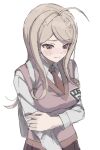  1girl ahoge akamatsu_kaede bangs blush breasts brown_neckwear closed_mouth collared_shirt commentary danganronpa_(series) danganronpa_v3:_killing_harmony eyebrows_visible_through_hair hair_ornament hand_on_own_arm large_breasts long_hair long_sleeves musical_note musical_note_hair_ornament necktie pleated_skirt purple_eyes school_uniform shirt simple_background skirt solo tearing_up upper_body usirome white_background white_shirt 