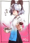  1girl absurdres animal_ears apron black_skirt bowl chocolate_on_fingers cooking dated foreshortening from_side grey_hair halftone highres holding holding_bowl long_sleeves looking_at_viewer looking_to_the_side mouse_ears mouse_tail nazrin notice_lines open_mouth parted_lips red_eyes reiga_(act000) shirt short_hair skirt solo standing tail touhou translated upper_teeth white_apron white_shirt 