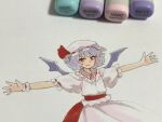  1girl art_tools_in_frame bat_wings blue_hair collared_shirt commentary_request frilled_shirt_collar frills hat hat_ribbon highres looking_at_viewer medium_hair mob_cap outstretched_arms photo_(medium) pink_hat pink_shirt pink_skirt puffy_short_sleeves puffy_sleeves red_eyes remilia_scarlet ribbon shiratama_(hockey) shirt short_hair short_sleeves skirt skirt_set solo spread_arms touhou traditional_media wings 