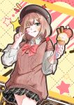  1girl ;q absurdres black_hat black_skirt blonde_streaks blush bow bowtie brown_hair brown_sweater_vest closed_mouth collared_shirt commentary cowboy_shot english_commentary food green_eyes grid_background hair_ornament hat highres hit_by_hit holding holding_food holding_ice_cream holding_spoon ice_cream long_sleeves looking_at_viewer miniskirt multicolored_hair notice_lines one_eye_closed original outline plaid_clothes plaid_skirt pleated_skirt red_bow red_bowtie shirt short_hair skirt solo sparkle spoon star_(symbol) streaked_hair sweater_vest tongue tongue_out white_outline white_shirt x_hair_ornament yellow_background 