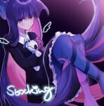  1girl absurdly_long_hair aerea angel_wings black_background black_dress blue_pantyhose bow character_name closed_mouth collared_dress colored_inner_hair commentary crossed_legs detached_wings drawn_wings dress english_commentary expressionless feet_out_of_frame frilled_dress frills gothic_lolita hair_bow highres holding holding_stuffed_toy honekoneko_(psg) hugging_object light_blush light_frown lolita_fashion long_hair long_sleeves looking_at_viewer medium_dress mini_wings multicolored_hair panty_&amp;_stocking_with_garterbelt pantyhose pink_hair purple_bow purple_eyes purple_hair simple_background sitting solo stocking_(psg) straight_hair striped_clothes striped_pantyhose stuffed_animal stuffed_cat stuffed_toy two-tone_hair very_long_hair wings 