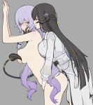  2girls :t against_wall arms_up black_hair black_horns black_swan_(honkai:_star_rail) black_tail blonde_streaks blush bow bowtie braid breast_press breasts_on_another's_back cheek_squash claw_(weapon) clothed_female_nude_female clothed_sex commentary cowboy_shot curled_ends curled_horns demon_girl demon_horns demon_tail dress eye_contact finger_claws fingering frilled_sleeves frills from_side front-to-back furrowed_brow grabbing_another's_chin grey_background grin hair_flaps hair_ornament half_up_braid hand_on_another's_chin hell_chihuahua highres honkai:_star_rail honkai_(series) horns leaning_forward long_hair long_sleeves looking_at_another looking_to_the_side low-tied_sidelocks mole mole_under_eye motion_lines multicolored_eyes multicolored_hair multiple_girls nipple_tweak_with_tail nude parted_lips profile purple_eyes purple_hair reach-around seductive_smile see-through_clothes see-through_sleeves side_slit sidelocks simple_background smile standing straight_hair streaked_hair sweat tail tail_on_breast tail_ornament tassel the_dahlia_(honkai:_star_rail) two-tone_eyes two-tone_hair very_long_hair weapon white_bow white_bowtie white_dress yellow_eyes yuri 