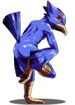 anthro avian beak bird blue_body blue_feathers blush butt falco_lombardi falcon falconid feather_hands feathers looking_at_viewer male nintendo nude solo star_fox tail tail_feathers tamanezumi tamaryuu