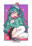  1girl :/ absurdres aqua_eyes aqua_hair aqua_jacket beanie black_skirt border commentary full_body glasses gradient_background hair_ornament hairclip hat hatsune_miku highres ikezworks jacket long_hair looking_to_the_side outside_border pink-framed_eyewear pink_background pleated_skirt pom_pom_(clothes) pom_pom_beanie purple_background shoes skirt sneakers solo squatting thighhighs twintails two-tone_background vocaloid white_border white_thighhighs 