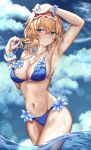  1girl alice_margatroid alternate_costume arm_up armpits bikini blonde_hair blue_bikini blue_eyes blue_flower blue_nails blue_sky breasts flower hairband hand_in_hair hand_up highres in_water kaeranu_kaeru light_blush lolita_hairband medium_breasts navel ocean outdoors presenting_armpit red_hairband short_hair sky smile solo swimsuit touhou 