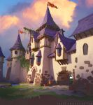  banner barrel blue_sky box building cloud commentary doorway english_commentary fantasy grass lamppost no_humans painterly plant scenery sky spyro_(series) stone_wall sunlight sylvain_sarrailh vines web_address window 