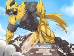 anthro balls big_penis black_body blush bodily_fluids clenched_teeth crush cum cum_inside destruction erection excessive_cum excessive_genital_fluids exercise eyes_closed facility felid flooding fur generation_7_pokemon genital_fluids genitals hi_res legendary_pokemon macro maldu male mammal mountain muscular muscular_male nintendo nude orgasm penetration penile penis penis_milking pokemon pokemon_(species) precum push-up sexercise solo teeth volcano whiskers yellow_body yellow_fur zeraora