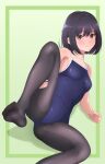  1girl akippoi_0919 barefoot black_hair black_pantyhose blue_one-piece_swimsuit breasts brown_eyes competition_school_swimsuit covered_navel feet_out_of_frame green_background highres leg_up one-piece_swimsuit original pantyhose pantyhose_under_swimsuit school_swimsuit short_hair small_breasts solo swimsuit two-tone_background 