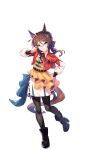  1girl adjusting_eyewear animal_ears belt black_boots black_pantyhose boots bow brown_hair closed_mouth collared_shirt cropped_jacket dress ear_covers ear_ornament frills full_body glasses green-framed_eyewear hair_between_eyes hair_bun hair_ribbon highres horse_ears horse_girl horse_tail jacket long_sleeves neck_ribbon official_art orange_dress pantyhose puffy_sleeves purple_bow red_jacket ribbon royce_and_royce_(inspiring_genius)_(umamusume) royce_and_royce_(umamusume) semi-rimless_eyewear shirt sidelocks single_ear_cover single_hair_bun skirt solo standing swept_bangs tachi-e tail transparent_background umamusume white_skirt 