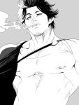  1boy bara black_clover capelet cigarette covered_nipples facial_hair goatee greyscale large_pectorals long_sideburns looking_to_the_side mabataki male_cleavage male_focus mature_male monochrome muscular muscular_male pectorals short_hair sideburns single_bare_shoulder smoking solo stubble tank_top upper_body white_tank_top yami_sukehiro 