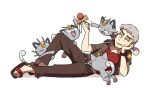  1boy alolan_form alolan_meowth black_jacket cat commentary flip-flops gen_7_pokemon grey_hair holding island_kahuna jacket lying male_focus nanu_(pokemon) on_side open_clothes open_jacket pants parted_lips pokemon pokemon_(creature) pokemon_(game) pokemon_sm red_eyes red_shirt sandals shirt short_sleeves smile ssalbulre toes z-ring 