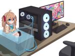  1girl :3 absurdres ahoge aqua_bow aqua_bowtie aquarium armchair asymmetrical_legwear bandaid bandaid_on_knee bandaid_on_leg black_socks black_thighhighs blue_eyes bow bowtie brown_hair cardigan chair closed_mouth computer computer_keyboard computer_mouse computer_tower desk dot_nose fish_tank hair_between_eyes hair_ornament hair_ribbon heart heart_hair_ornament highres hugging_own_legs in_container in_water knees_up long_hair long_sleeves looking_ahead mismatched_legwear monitor neuro-sama no_panties no_shoes red_ribbon ribbon ritspi shirt sidelocks simple_background single_sock single_thighhigh sitting skirt smile socks solo thighhighs two_side_up vedal_ai water white_background white_shirt white_skirt yellow_cardigan 