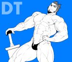  1boy abs bara bikini_briefs blue_background blue_theme bulge facial_hair from_below goatee ixion_saga_dt large_pectorals long_sideburns looking_at_viewer mabataki male_focus male_underwear mature_male monochrome muscular muscular_male navel nipples pectorals planted planted_sword sainglain_(ixion_saga_dt) short_hair sideburns solo stomach sword thick_eyebrows thick_thighs thighs underwear underwear_only veins weapon 