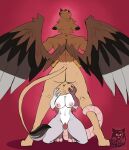 2025 absurd_res american_opossum anthro anthro_on_anthro areola avian ball_grab balls big_areola big_breasts big_nipples blush breasts brown_body brown_feathers crouching duo feathered_wings feathers female fur genitals grey_body grey_fur gryphon hair hi_res huge_areola huge_breasts huge_nipples jo_burnham larger_male male male/female mammal marsupial multicolored_body multicolored_fur mythological_avian mythological_creature mythology nipples nude oral oral_penetration penetration red_hair sevsartcave simple_background size_difference smaller_female vaden_reginald white_body white_fur wings