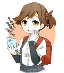  1girl alternate_hair_length alternate_hairstyle arashio_(kancolle) arm_warmers backpack bag brown_hair collared_shirt commentary_request cropped_torso grey_skirt hand_mirror hand_on_own_cheek hand_on_own_face highres holding kantai_collection mirror ohagi_(iihatobu05) open_mouth pleated_skirt ponytail randoseru school_uniform shirt short_ponytail simple_background skirt solo suspender_skirt suspenders translation_request two-tone_background white_shirt yellow_eyes 