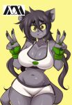 anthro biped black_hair black_nails bodily_fluids bottomwear bra breasts brown_eyes cleavage clothed clothing colored_nails felid feline feline_ears female finger_pawpads fingerless_gloves gloves green_clothing green_fingerless_gloves green_gloves green_handwear grey_body hair handwear hi_res hotpants long_hair lucyfercomic mammal nails navel pawpads pigtails shorts solo sports_bra sweat sweaty_breasts underwear white_bottomwear white_bra white_clothing white_shorts white_sports_bra white_sportswear white_underwear yellow_sclera