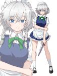  1girl absurdres apron black_shoes blue_dress blue_eyes bow breasts closed_mouth collared_shirt commentary_request double_bun dress enukee frilled_apron frilled_skirt frills full_body green_bow green_ribbon grey_hair hair_between_eyes hair_bow hair_bun hand_on_own_arm highres holding holding_knife izayoi_sakuya knife legs_apart looking_at_viewer maid maid_headdress mary_janes medium_breasts neck_ribbon puffy_short_sleeves puffy_sleeves ribbon shirt shoes short_hair short_sleeves simple_background skirt sleeveless sleeveless_dress smile socks standing touhou waist_apron white_apron white_background white_headdress white_shirt white_socks zoom_layer 