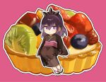  1girl black_kimono commentary_request dagashi_014 food fruit_tart highres hyakkihime japanese_clothes kimono long_hair looking_at_viewer outline pink_background purple_eyes purple_hair sandals simple_background sitting solo tart_(food) white_outline youkai_(youkai_watch) youkai_watch 