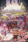  5girls absurdres ascot bishop_(chess) black_eyes blue_bow blue_hair blue_hat board_game book book_stack bow brooch broom broom_riding burger bush card cheesecake chess chess_piece chessboard clock clock_tower closed_mouth cloud commentary_request crescent crescent_hat_ornament cup cupcake day dress elbow_rest flandre_scarlet flower food frilled_skirt frilled_sleeves frills fumo_(doll) gate green_hat green_skirt green_vest hair_bow hand_on_own_hip handong_luhuo hat hat_ornament highres holding holding_book holding_umbrella hong_meiling izayoi_sakuya jewelry king_(chess) kirisame_marisa long_dress long_hair looking_at_another looking_at_object looking_at_viewer low-tied_sidelocks macaron mob_cap multiple_girls neck_ribbon outdoors parted_lips patchouli_knowledge pawn_(chess) pink_hat pink_shirt playing_card puffy_short_sleeves puffy_sleeves purple_dress purple_hair red_ascot red_bow red_eyes red_flower red_hair red_ribbon red_rose red_skirt red_vest remilia_scarlet ribbon rook_(chess) rose saigyouji_yuyuko saucer scarlet_devil_mansion shirt short_sleeves sidelocks silhouette sitting skirt skirt_set smile squatting standing striped_clothes striped_dress table teacup touhou tower tree triangular_headpiece umbrella vertical-striped_clothes vertical-striped_dress vest white_hat white_shirt white_umbrella yellow_ascot 