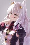  1girl ahoge animal_ears biwa_hayahide_(pf._winning_equation...)_(umamusume) biwa_hayahide_(umamusume) black_shirt bow breasts changmakura closed_mouth collared_shirt ear_ornament glasses grey_hair hair_ornament highres horse_ears horse_girl jacket long_hair looking_at_viewer medium_breasts purple_jacket red-framed_eyewear red_bow semi-rimless_eyewear shirt simple_background smile solo umamusume under-rim_eyewear upper_body yellow_eyes 