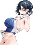  1girl absurdres black_hair black_ribbon blue_one-piece_swimsuit blush breasts breasts_day clothes_pull commentary_request commission ear_blush earrings funyo_(masa) good_breasts_day hair_between_eyes hair_ribbon highres indie_virtual_youtuber jewelry mole mole_under_mouth navel one-piece_swimsuit one-piece_swimsuit_pull open_mouth purple_eyes ribbon second-party_source short_hair skeb_commission solo swimsuit tokiai_misao virtual_youtuber wet wet_clothes wet_hair wet_swimsuit white_background 