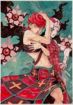  1girl 1other black_tube_top checkered_clothes checkered_skirt commentary english_commentary green_eyes hand_on_own_hip highres jojo_no_kimyou_na_bouken long_skirt looking_at_viewer midriff navel painting_(medium) pink_lips red_hair red_nails short_hair skirt spice_girl_(stand) stand_(jojo) strapless traditional_media trish_una tube_top vento_aureo watercolor_(medium) xfkart 