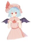  1girl ascot bat_wings blue_hair blush brooch closed_mouth collared_shirt commentary_request edamanecha fang frilled_shirt_collar frills hat hat_ribbon highres jewelry looking_at_viewer mob_cap pink_hat pink_nails pink_shirt pink_skirt puffy_short_sleeves puffy_sleeves red_ascot red_eyes remilia_scarlet ribbon shirt short_hair short_sleeves simple_background skin_fang skirt skirt_set smile solo touhou white_background wings 