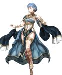  1girl alternate_costume armlet bangs bare_shoulders blue_hair book bracelet braid breasts brown_eyes crown_braid dancer dancer_(three_houses) earrings fire_emblem fire_emblem:_three_houses fire_emblem_heroes highres holding holding_book jewelry looking_at_viewer marianne_von_edmund medium_breasts official_art parted_lips pelvic_curtain short_hair sideboob smile solo thighlet thighs toshiyuki_kusakihara transparent_background 