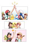 2boys 2girls arm_up ash_ketchum bangs bare_arms baseball_cap black_hair blue_dress blue_eyes blue_jacket blue_shirt blush brown_headwear bubble chloe_(pokemon) clenched_hands commentary_request crescent crescent_hair_ornament dawn_(pokemon) dress eevee eyelashes gen_1_pokemon gen_4_pokemon gen_8_pokemon gloves goh_(pokemon) green_eyes grey_shirt grookey hair_ornament hands_together haruhi_(xy161027z) hat high_five highres jacket long_hair multiple_boys multiple_girls number open_mouth pikachu piplup pokemon pokemon_(anime) pokemon_swsh_(anime) red_headwear shirt smile sparkle steepled_fingers t-shirt tongue upper_teeth white_shirt 