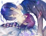  2boys alternate_hair_color arm_support bangs blue_hair blurry checkered checkered_scarf closed_eyes commentary_request danganronpa_(series) danganronpa_v3:_killing_harmony depth_of_field flower from_side grey_jacket imminent_kiss jacket long_sleeves looking_at_another lying male_focus multiple_boys on_back onko ouma_kokichi petals pink_flower profile purple_eyes purple_hair saihara_shuuichi scarf shiny shiny_hair short_hair striped striped_jacket upper_body yaoi 